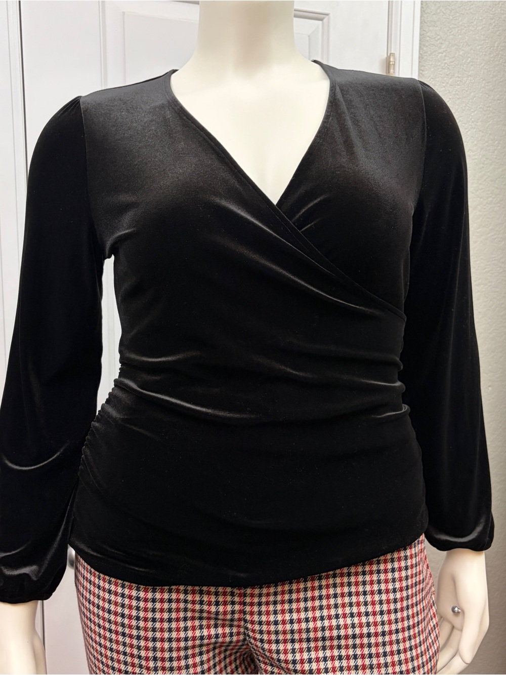Boden Black Velvet Wrap-Front Long Sleeve Top